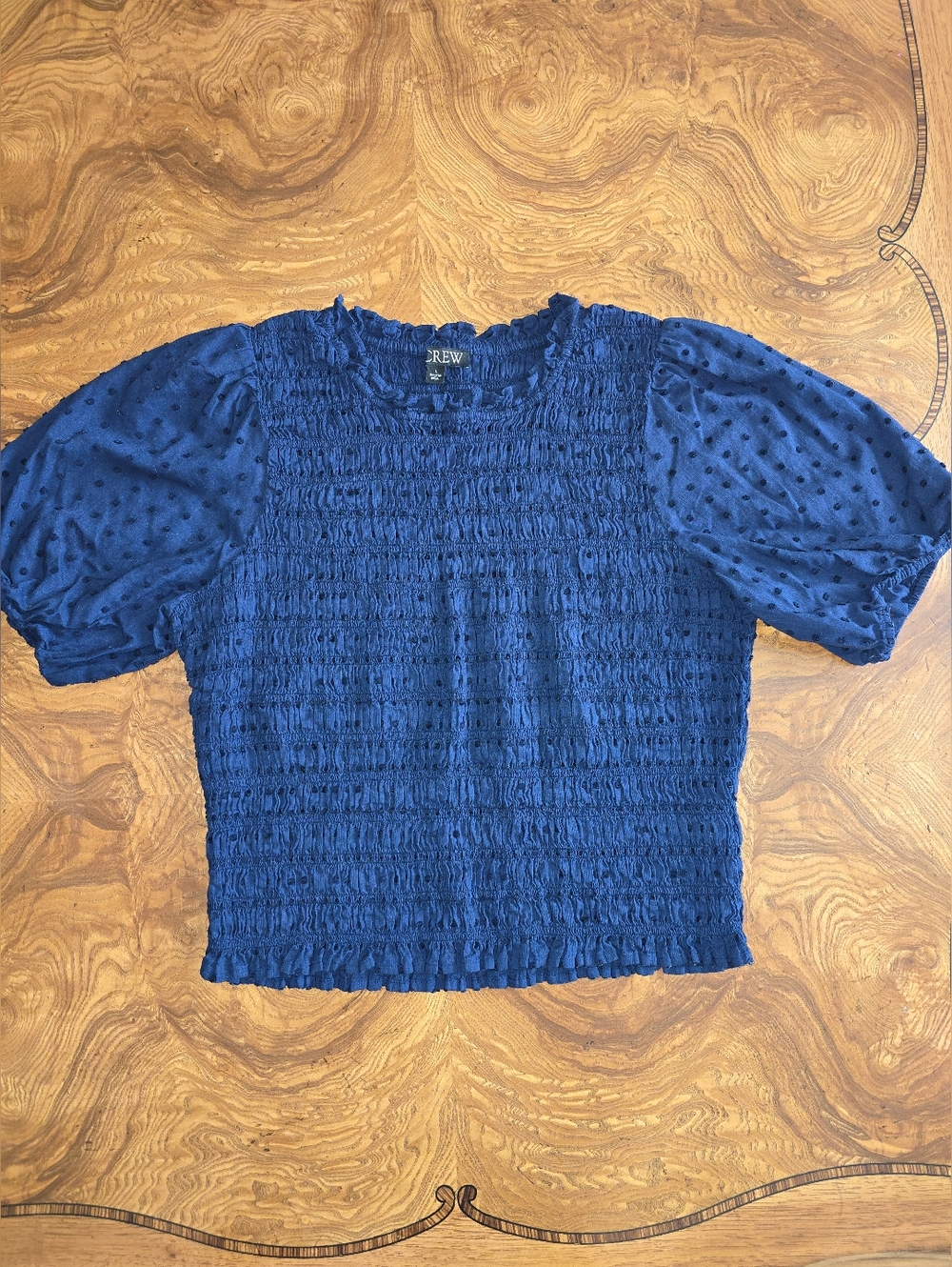 J.Crew Navy Blue Smocked Puff Sleeve Clip Dot Top Size L